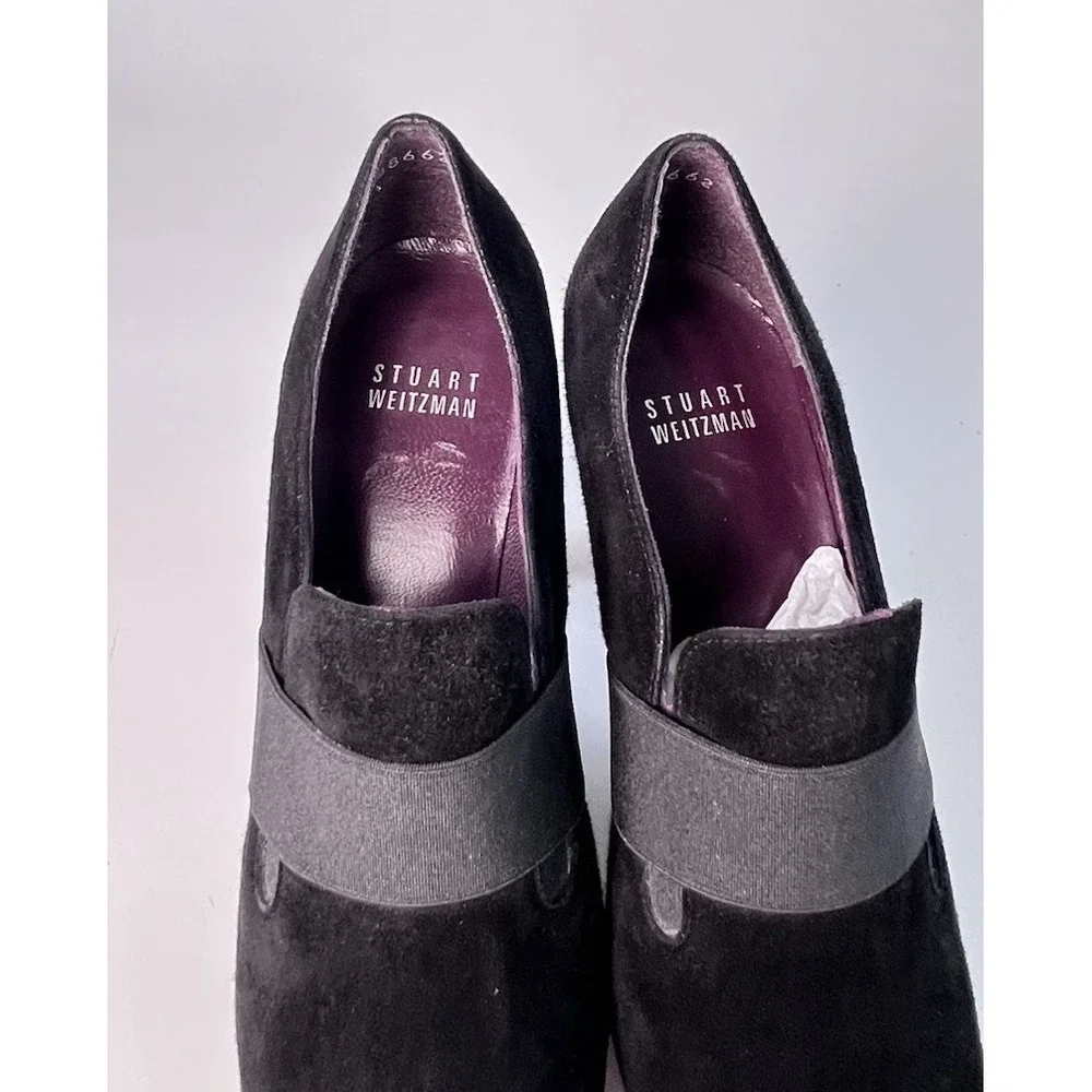 Stuart Weitzman Black Suede Elastic Band Platform Pumps Shooties Heels 6 M Spain